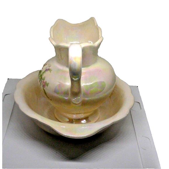 Opalescent 5 7/8" Small Porcelain Pink Roses Vanity Pitcher & Wash Basin Set Vtg - Picture 2 of 12